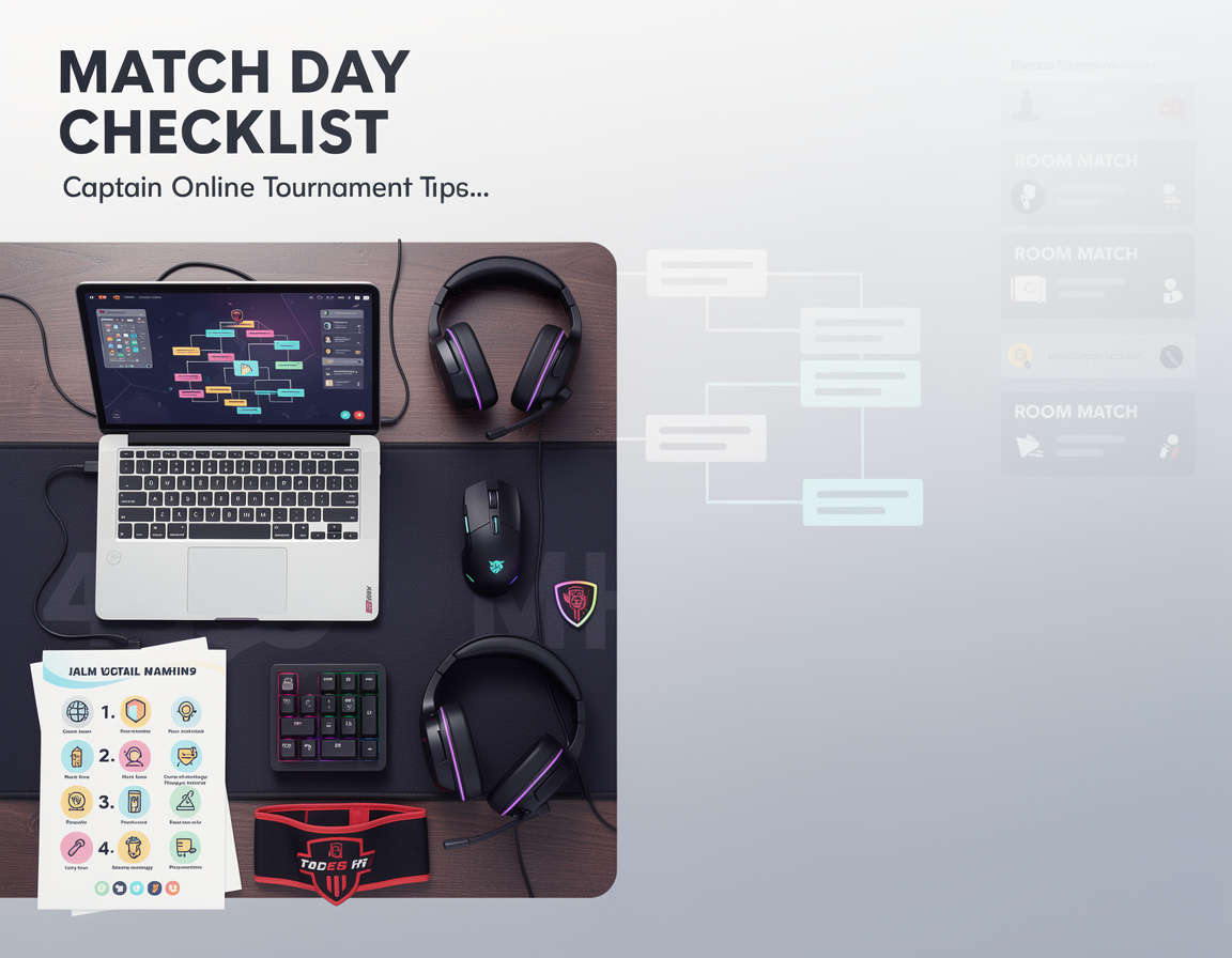 Ilustrasi checklist match day untuk kapten squad untuk turnamen game online mawar888 dengan bracket dan room match